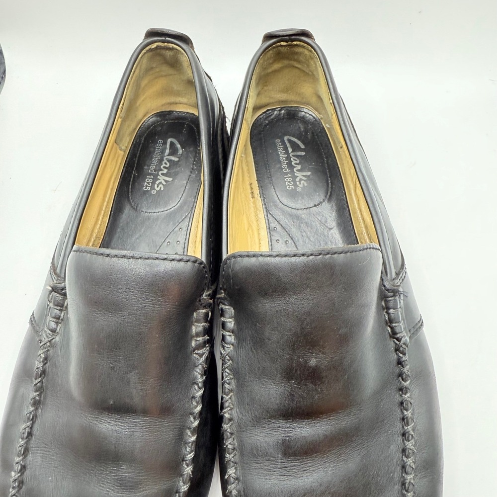 VTG Clarks Leather Loafers Mens 10.5 Black Moc Toe Mocs Comfort Dress Shoes - Picture 6 of 8